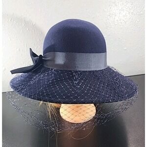 Geo. W. Bollman Womens Navy Blue Hat  PEACHFELT 100% Wool Ribbon Hatband Accent